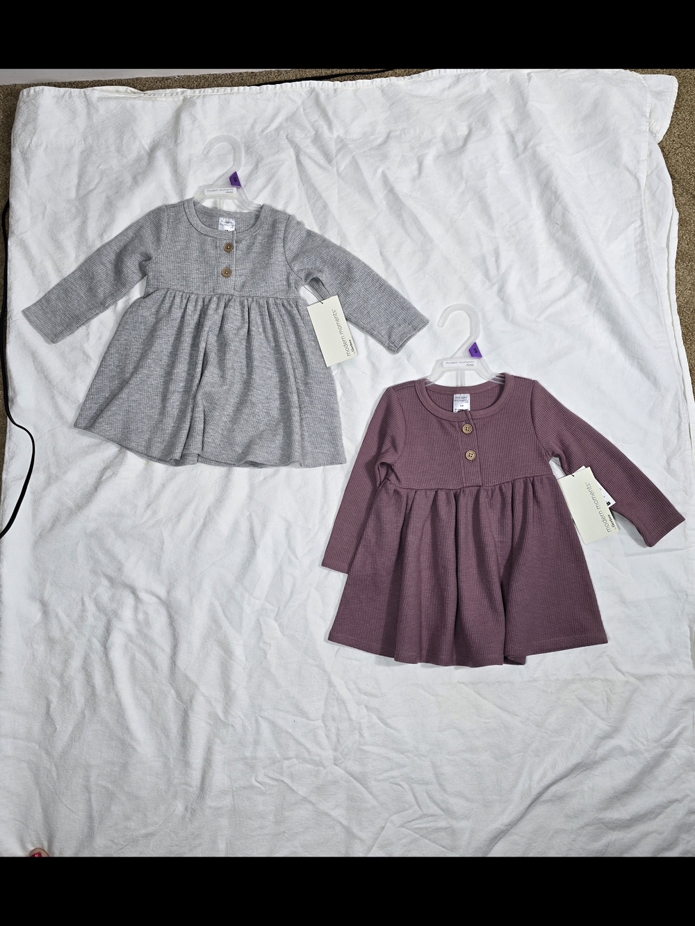 Long-Sleeve Ribbed Baby Dress - Gray and Mauve